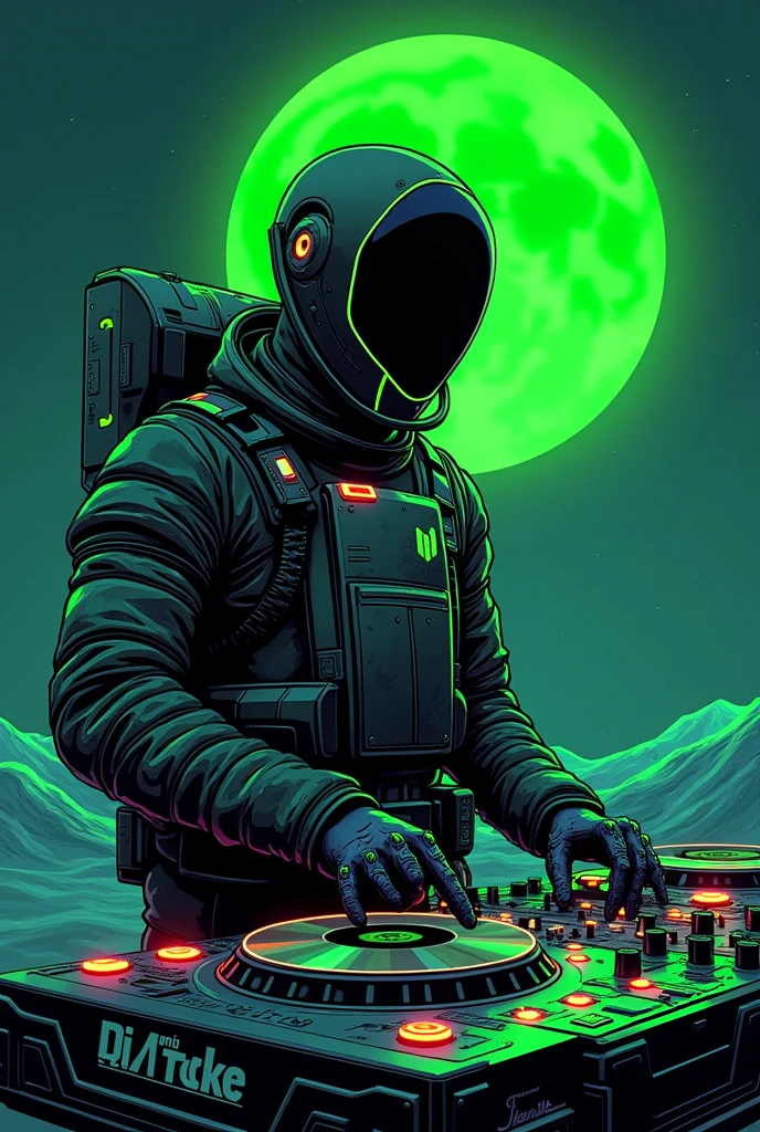 manga japanesse cartoon of a fluorescent green-black color moon spaceman dj , add the text ¨Rick D´Angle ¨ to the image , totally night view photo with ultra open wide lens photo technic, octane rendering, 8192k ultra hifi