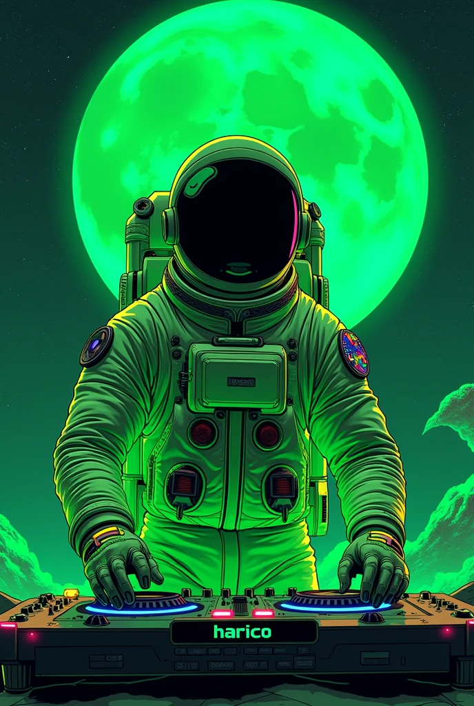 manga japanesse cartoon of a fluorescent green-black color moon spaceman dj , add the text ¨Rick D´Angle ¨ to the image , totally night view photo with ultra open wide lens photo technic, octane rendering, 8192k ultra hifi