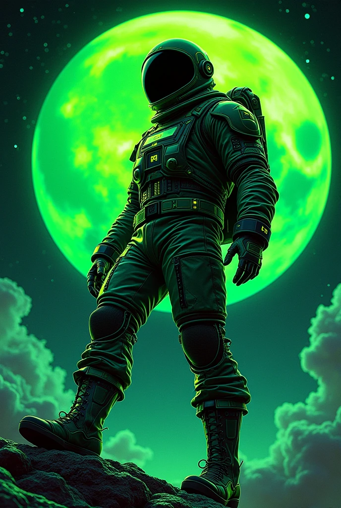 manga japanesse cartoon of a fluorescent green-black color moon spaceman dj , add the text ¨Rick D´Angle ¨ to the image , totally night view photo with ultra open wide lens photo technic, octane rendering, 8192k ultra hifi