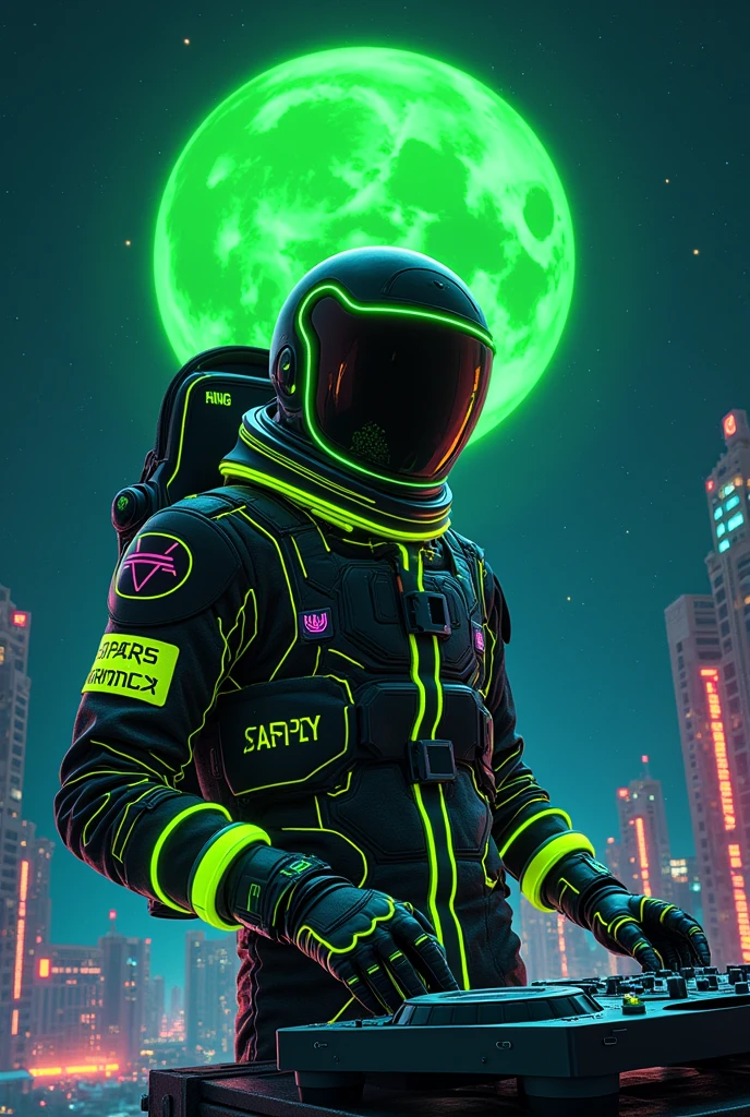 manga japanesse cartoon of a fluorescent green-black color moon spaceman dj , add the text ¨Rick D´Angle ¨ to the image , totally night view photo with ultra open wide lens photo technic, octane rendering, 8192k ultra hifi
