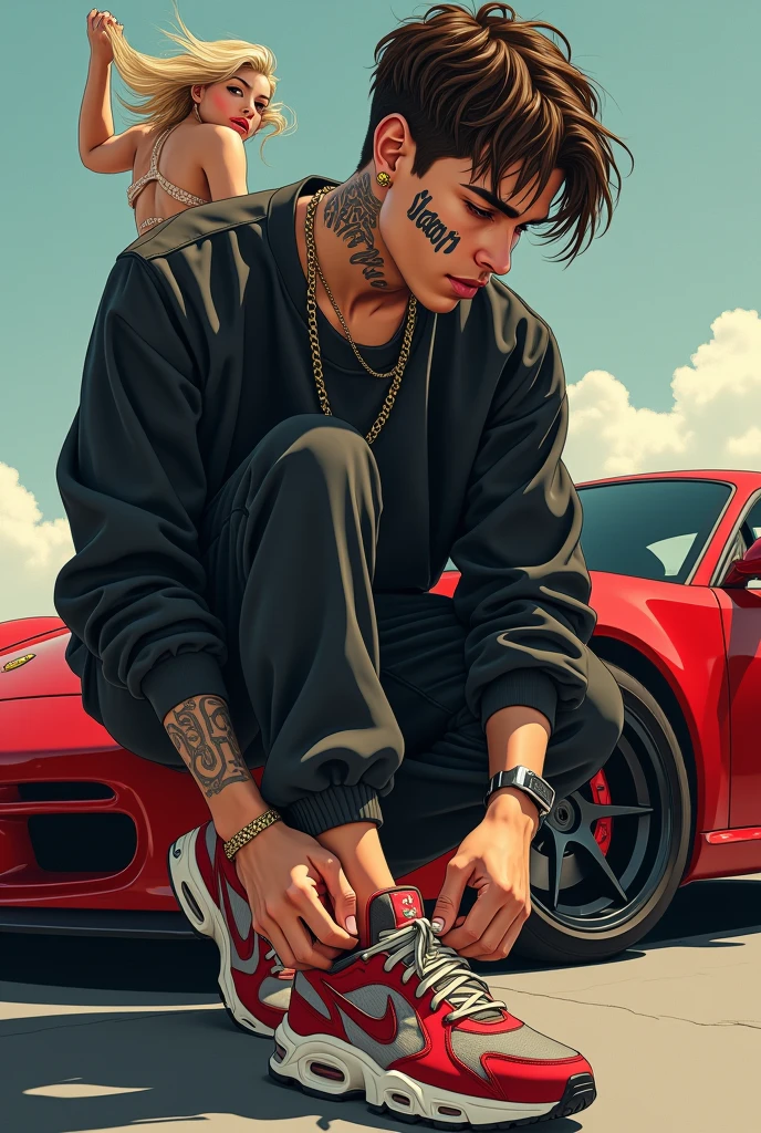 A 20 year old man, brown hair &#39;&#39;start over&#39;&#39; tattooed on face, with the profile pose, putting on a nike airmax tn sneaker on your foot, with sports car backdrop behind, medium nose, baggy pants and a chain around his neck and a woman shaking her hips behind him