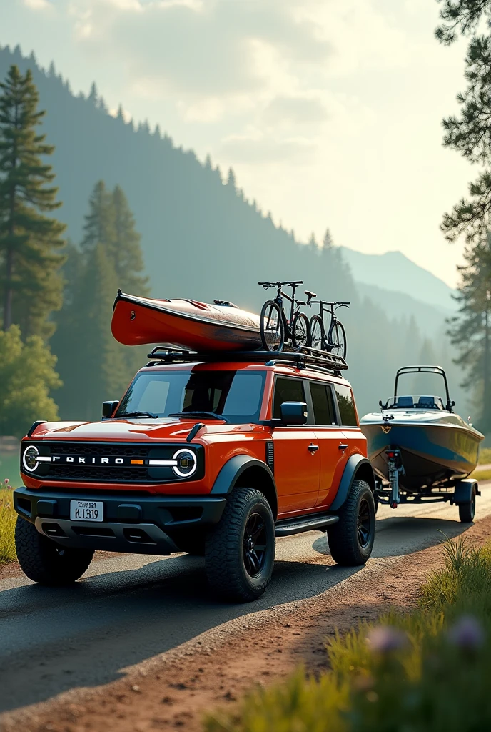Draw a Ford Bronco with a Kayak on the Roof ,bicycles with a rear and a motorboat on a trailer at the back