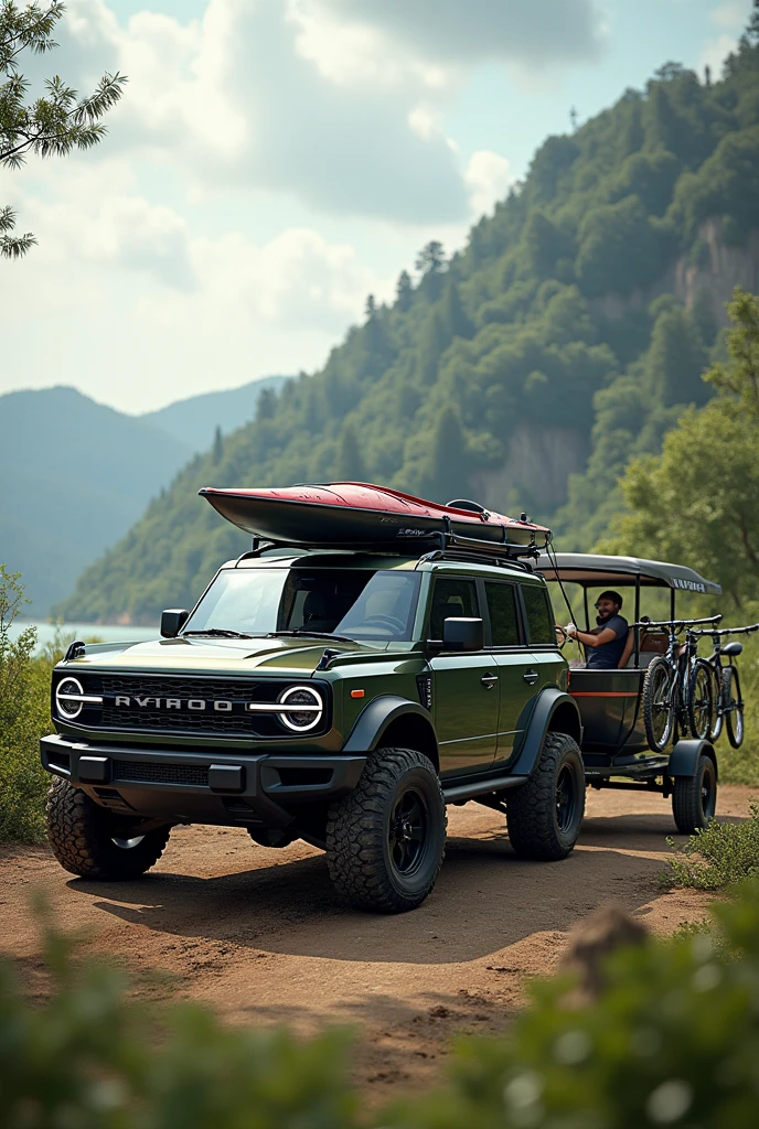 Draw a Ford Bronco with a Kayak on the Roof ,bicycles with a rear and a motorboat on a trailer at the back