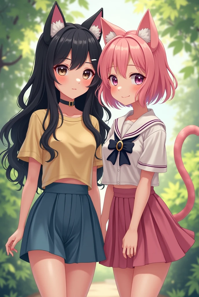 model with long wavy black hair, With her friend, light short pink hair, full body view, sweet outfit, big boobs, with cat ears , real girls