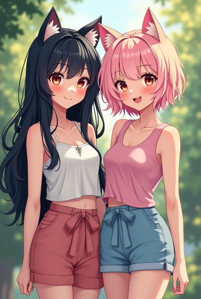 model with long wavy black hair, With her friend, light short pink hair, full body view, sweet outfit, big boobs,  with cat ears , real girls 