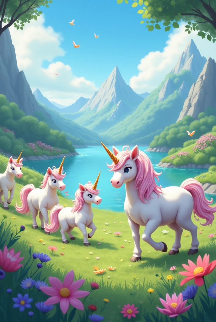 image of several fancy unicorns in paradise like in cartoons
