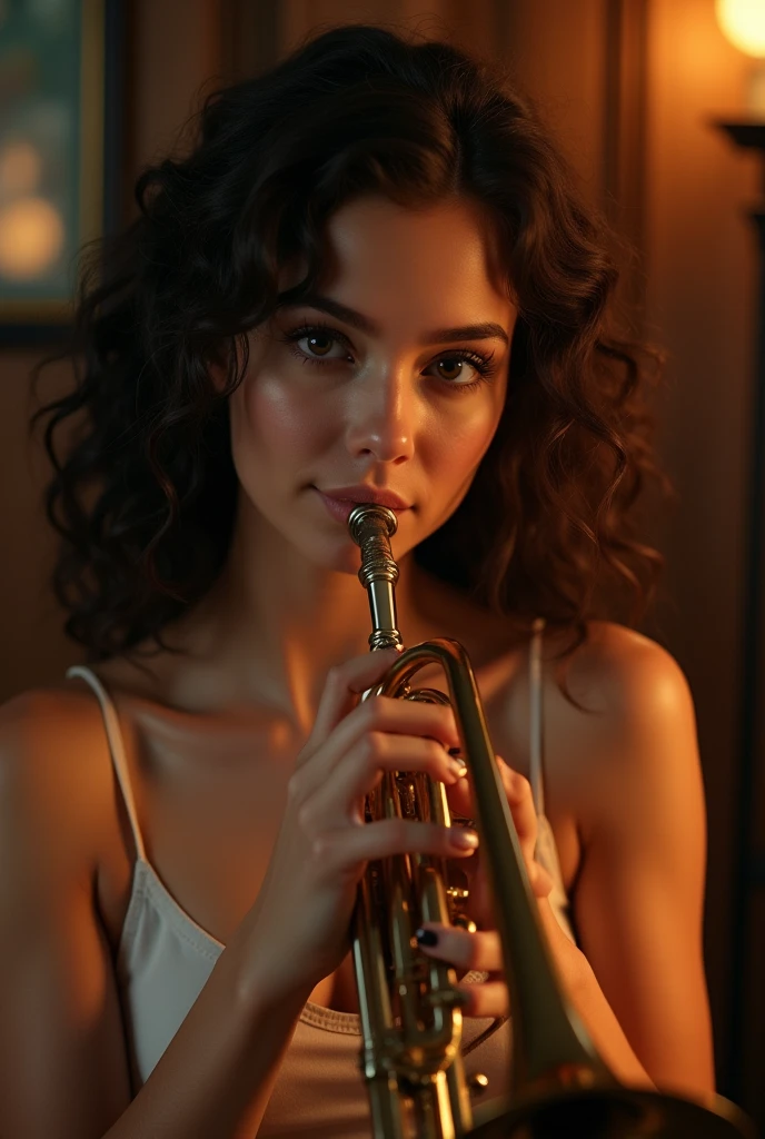 white woman with curly hair and brown eyes playing the trumpet