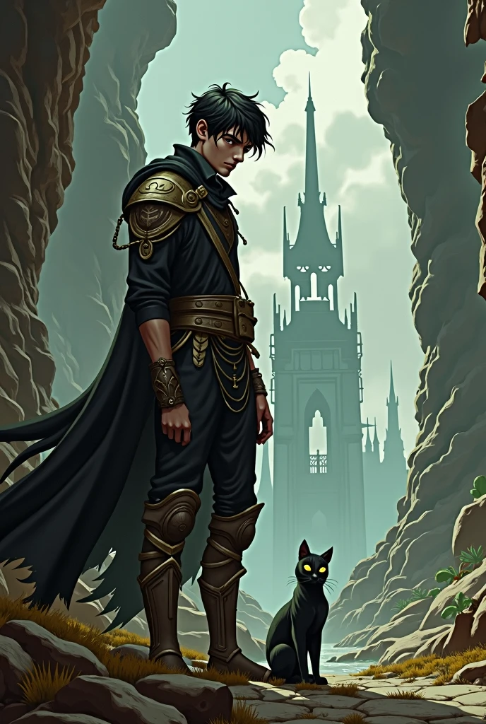 Make an rpg image of a man named Lucius Tigris, he is 20 years old, he has a cat, the image is anoid
