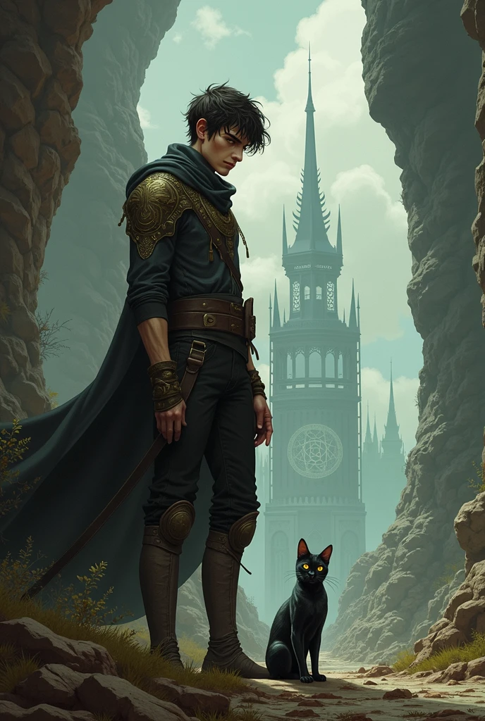 Make an rpg image of a man named Lucius Tigris, he is 20 years old, he has a cat, the image is anoid