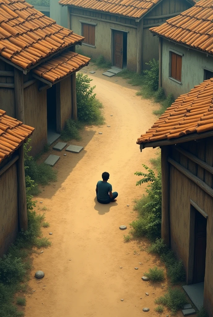 Person sitting on dirt road with houses around