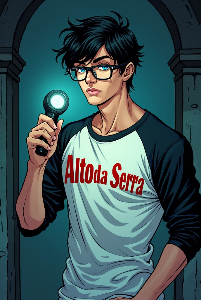 Comic book style image, Man 20 years old, medium messy black hair with blue eyes wearing glasses, defined body with a white shirt with black sleeves with Alto Da Serra written in red, holding a flashlight in his hand, de corpo inteiro, kind of dark academia style