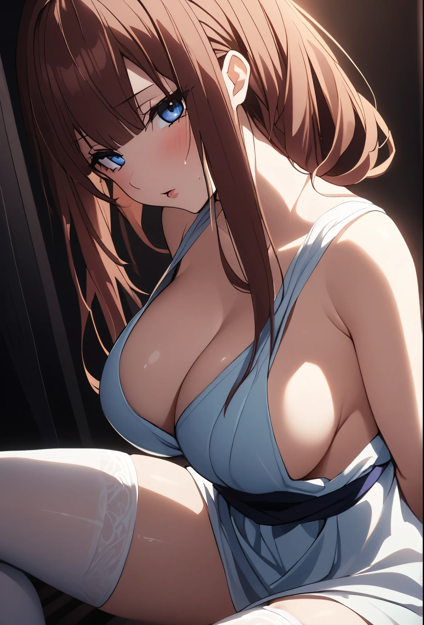 1girl, elegant erotic beautiful girl, big breasts, ((brown hair)), maxi dress, adultery, indecent, vulgar, Nakano Miku, intricate details, delicate facial features, beautiful blue eyes, ulzzang, long eyelashes, small nose, full lips, porcelain skin, natural lighting, warm color palette, chiaroscuro lighting, dramatic shadows, sensual, alluring, mature themes, artistic, dreamlike, ethereal, ((arms behind back)), thigh highs, ((white panties)), sideboob, cleavage, looking at viewer, ulzzang, (blue eyes), sitting, legs spread open, sexy, submissive, orgasm,