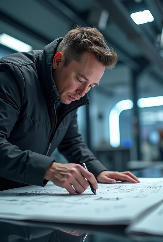 [54e44dbeb] Visionary entrepreneur Elon Musk, realistic portrayal with sharp features, determined expression, crafting a blueprint for a Mars colony, in a high-tech SpaceX laboratory, futuristic and sleek environment, hyper-realistic style, cinematic depth of field, dramatic backlighting, ultra-high-resolution rendering. --v 6.0 --ar 16:9 --c 0