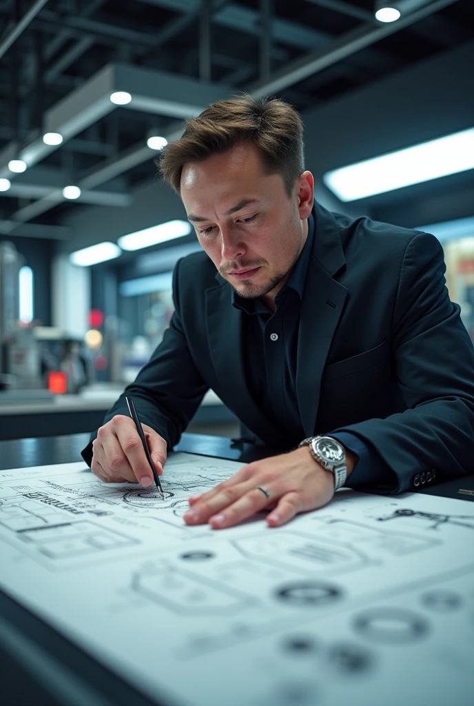 [54e44dbeb] Visionary entrepreneur Elon Musk, realistic portrayal with sharp features, determined expression, crafting a blueprint for a Mars colony, in a high-tech SpaceX laboratory, futuristic and sleek environment, hyper-realistic style, cinematic depth of field, dramatic backlighting, ultra-high-resolution rendering. --v 6.0 --ar 16:9 --c 0