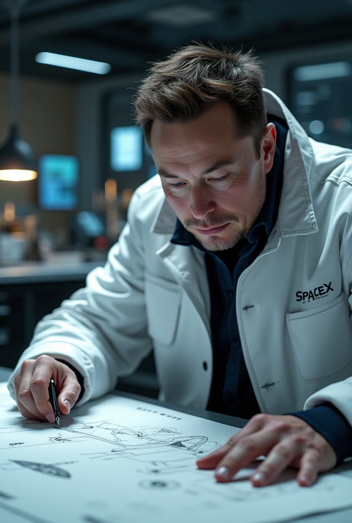 [54e44dbeb] Visionary entrepreneur Elon Musk, realistic portrayal with sharp features, determined expression, crafting a blueprint for a Mars colony, in a high-tech SpaceX laboratory, futuristic and sleek environment, hyper-realistic style, cinematic depth of field, dramatic backlighting, ultra-high-resolution rendering. --v 6.0 --ar 16:9 --c 0
