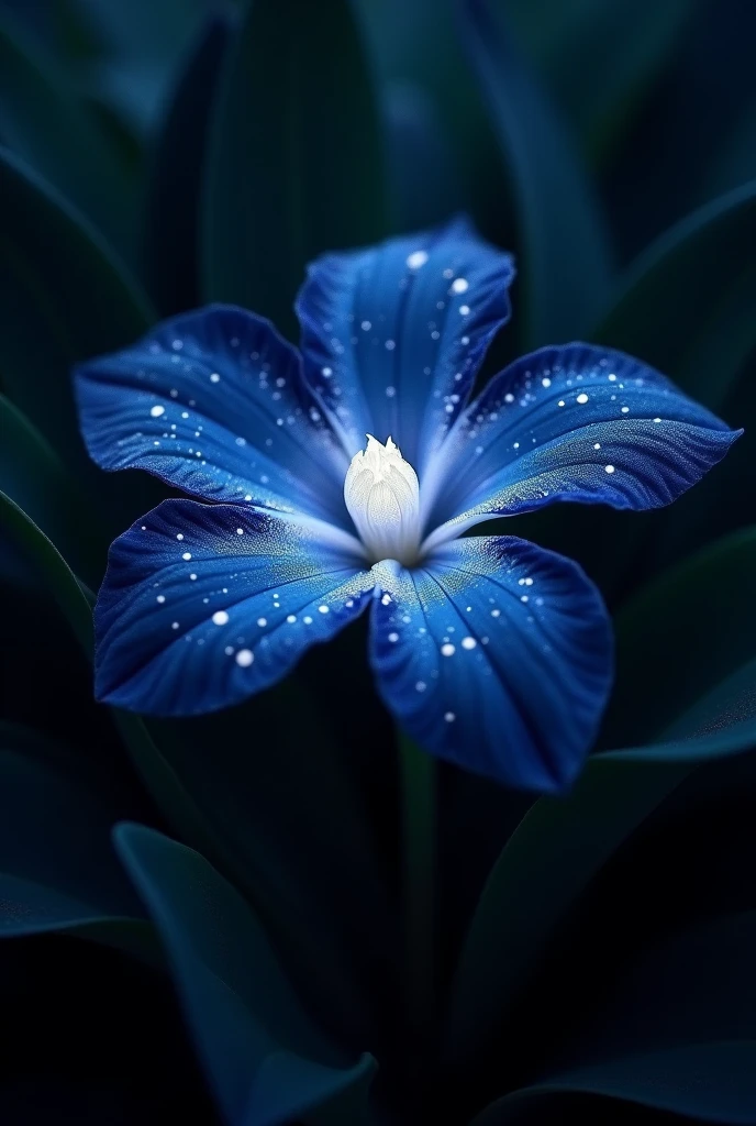 The Luminae Noctis is a medium sized flower, measuring approximately 15 to 20 centimeters in diameter when fully expanded. Its petals are a deep blue, almost black à la lumière du jour, but at nightfall, ils s'illuminent d'une lueur argentée douce et apaisante, like stars captured in the darkness. The heart of the flower is marked by a luminescent pistil, pure white that shimmers like a ghostly light. The leaves surrounding the flower are dark green., almost black, and appear to absorb light rather than reflect it.