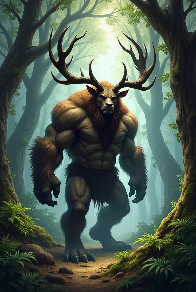 illustration, ogre creature from the woods, elk face, elk horns