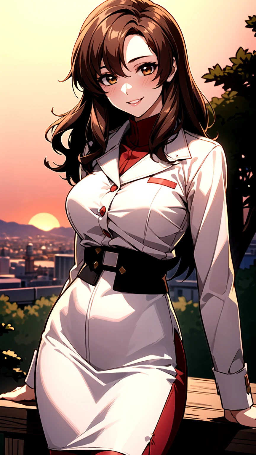 （（super high quality,Ultra-high resolution,16K,super masterpiece,Ultra HD ,Detailed shading,））A hilltop illuminated by the setting sun,One sexy mature woman,（（popped Tight collar Pink shirts,sexly,））Folded long sleeves,Red pencil skirt,Looking at the camera,Brown medium long hair,A kind smile,blush,Thick lips,