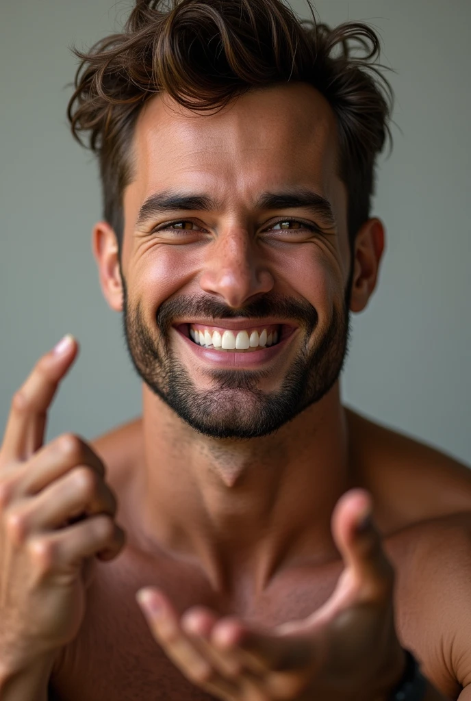 (photorealism:1.2), beautiful man, Brown-haired, swarthy, light brown eyes, tall, muscular, beautiful hands, beautiful teeth, beautiful smile, beard
