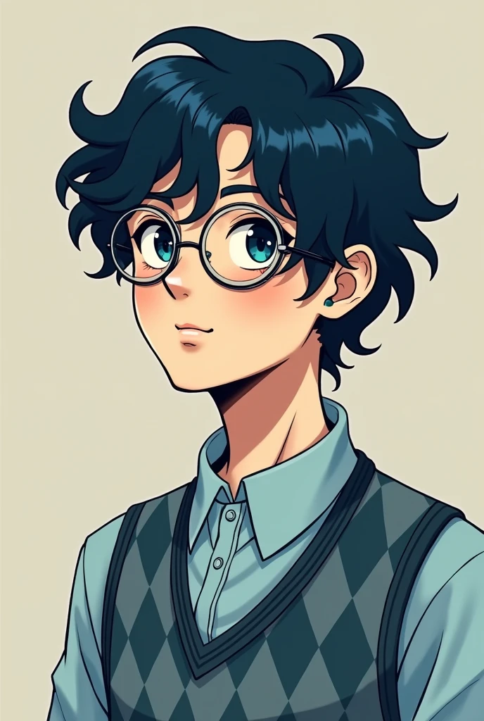 hair: Blueish black in color, with defined curls that fall to the sides of her face. A rebellious lock of hair falls over his forehead, giving him a carefree look.
face: of defined features, with a slightly angular jaw. He has two moles on the left side of his face., one on the cheek near the nose and another near the chin. This adds a distinctive touch to your appearance..
eyes: clear, possibly grey or pale blue in colour, which gives it a calm and introspective look. He wears round glasses that reinforce his intellectual air..
Expression: His expression is serious and focused., which could indicate that you are a thoughtful or reserved person.
outfit: Wear a light blue button-down shirt, along with a diamond-patterned vest in similar tones. The vest has a geometric pattern that gives a classic and neat touch to your outfit..
Accessories: Glasses are an important detail that completes your look, accentuating his intellectual side and perhaps giving him an air of maturity.