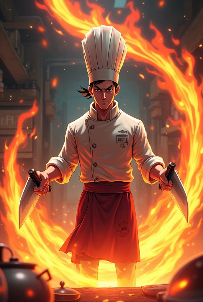 A chef holding two knives, with a spiral of fire around it in anime style