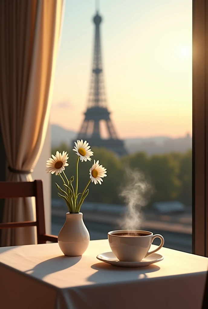 realistic photo, of a table with two chairs, a white tablecloth, a vase with a daisy flower, A cup of coffee and the Eiffel Tower in the background