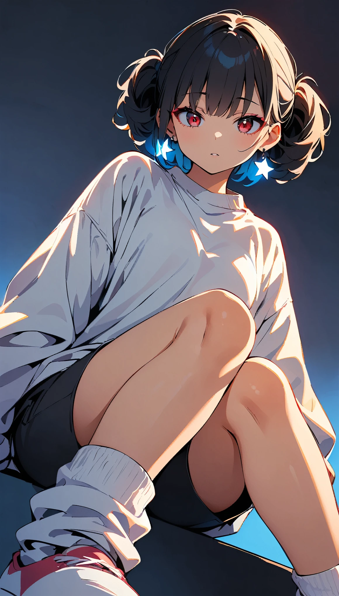 (high quality, 8k, 4K, High Contrast, masterpiece:1.2, 最high quality, Best aesthetics), (Dynamic Angle), ((1 female)),((Sitting on the ground facing forward)), , ((Plain and bright background)), ((Flat Color)), (Gray oversized sweater), ((Black shorts)),(White loose socks),  Looking at the audience, Transparent Background, (Cool look), Sleepy eyes, High Contrast, Contrasting colors, , Pale pink and blue lighting, ((Short Hair)) , (Tied Hair), Black Hair, Red eyes, Droopy eyes, (Narrow eyes), Small star-shaped earrings in both ears, bright eyeshadow,low angle shot