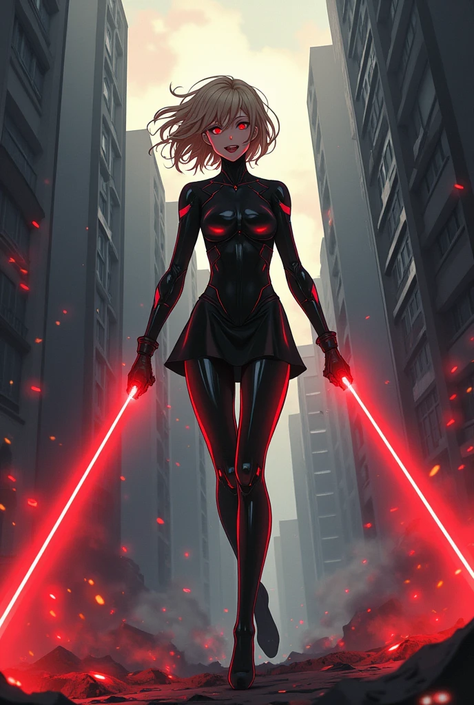 The image is anime style with shadows and dim lights, anime style although somewhat adult and dark, It shows a female android in a black latex suit and a kind of very short skirt., who looks to be 20 years old, She has short wavy blonde hair, smiles maliciously. He has crimson red eyes. is beautiful, but he seems like a psychopath. It is flying in a T pose, destroying with lasers coming out of their hands and elbows, as well as his knees and shoulders, to a building at dawn. The building is falling apart.