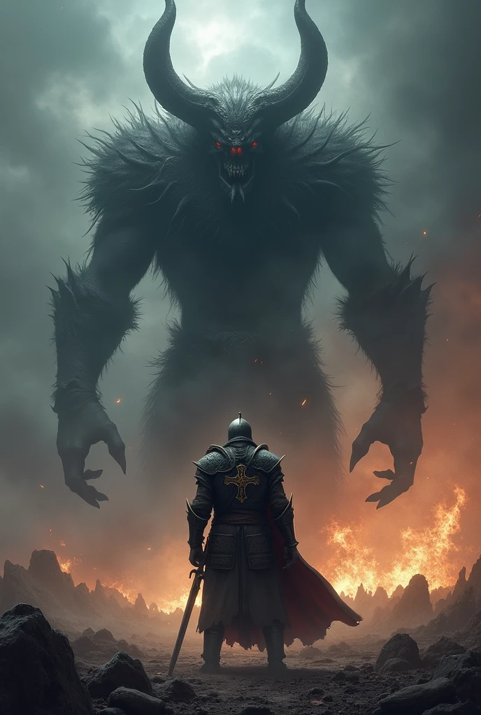 "Create a dramatic and powerful scene showing a Templar warrior viewed from behind, standing resolutely in front of a massive demon. The Templar should be clad in traditional armor with a detailed cross emblem, holding a sword or shield, and facing the intimidating, towering demon. The demon should appear fearsome and menacing, with dark, ominous features and fiery or shadowy elements. The background should depict a tumultuous and darkened battlefield or a desolate, dramatic landscape, enhancing the sense of epic confrontation. The overall mood should be intense and heroic, capturing the bravery of the Templar warrior in the face of overwhelming evil."
































