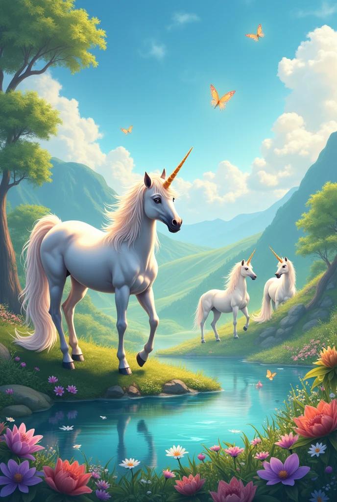 image of several fancy unicorns in paradise like in cartoons more realistic