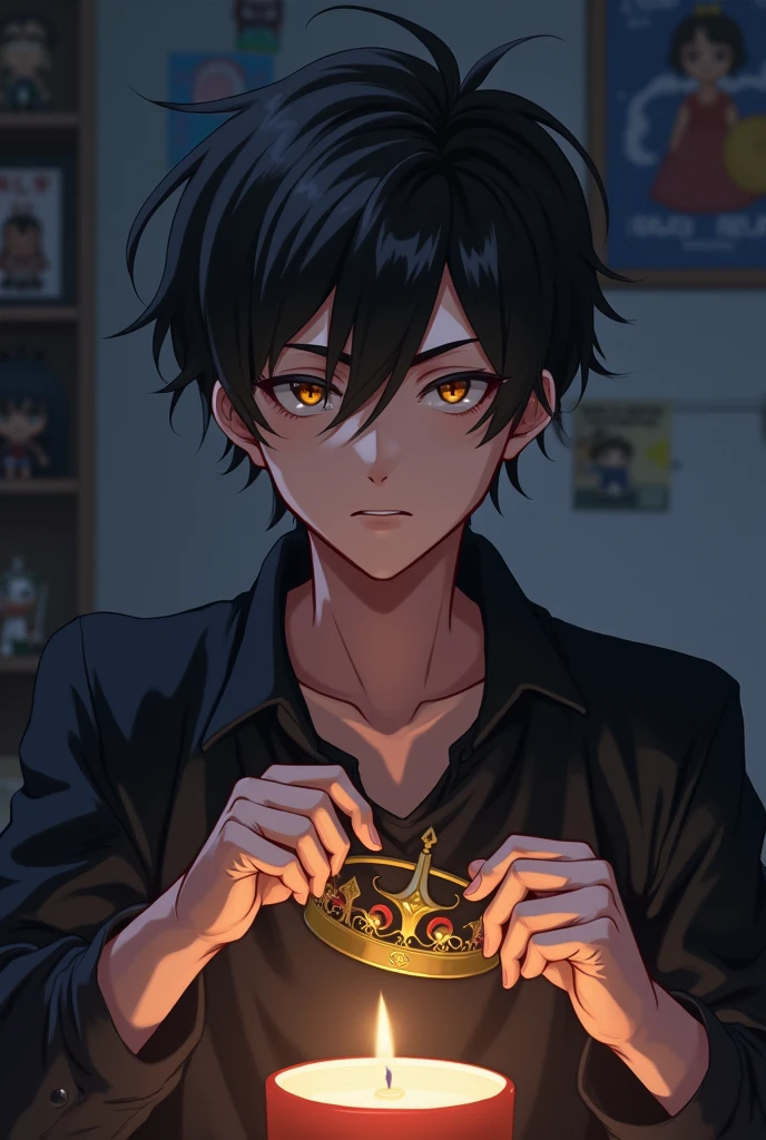 Anime guy who watches dal serima fon and takes off his crown in black 
