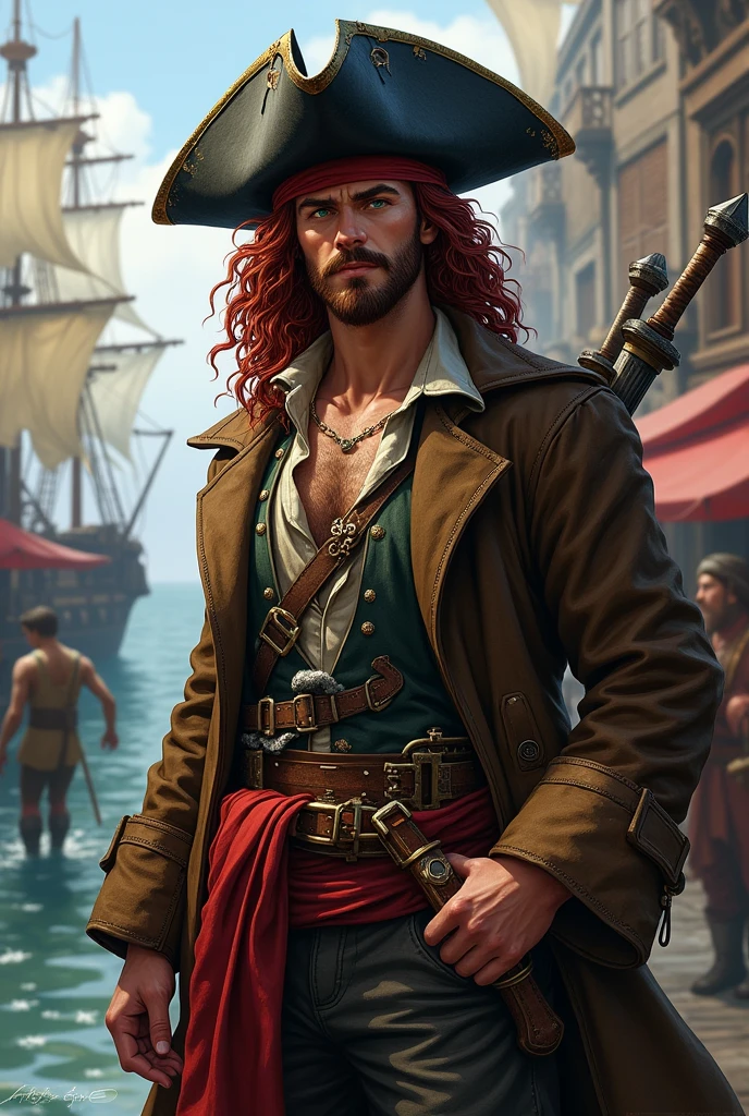 Create an image of a full human race pirate for D&D. A young pirate of 20 years old with long curly hair and garnet red color, with a short beard and a garnet red moustache and dark green eyes. He wears a black leather battered hat, He wears a long, worn and old brown pirate-style trench coat, with a light shirt and a ruined vest underneath. In life he wears a red sash with a belt and two bastard swords on his back., in the background a pirate port.
