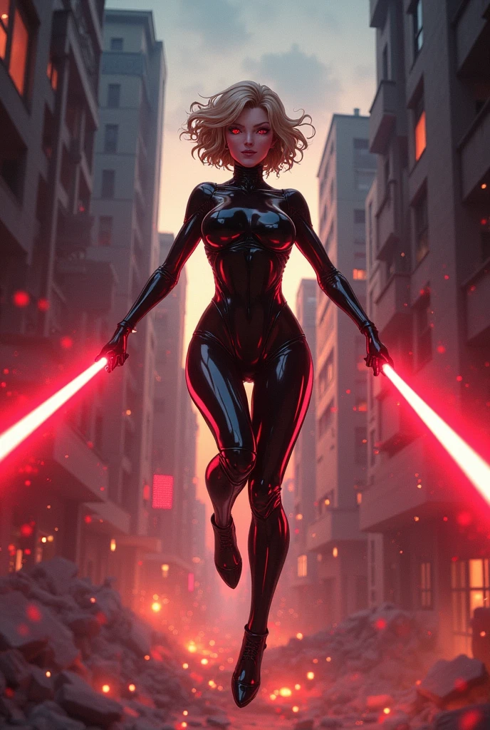 The image is anime style with shadows and dim lights, anime style although somewhat adult and dark, It shows a female android in a black latex suit and a kind of very short skirt., who looks to be 20 years old, She has short wavy blonde hair, smiles maliciously. He has crimson red eyes. is beautiful, but he seems like a psychopath. It is flying in a T pose, destroying with lasers coming out of his back, his hands and elbows, as well as his knees and shoulders, to a building at dawn. The building is falling apart.