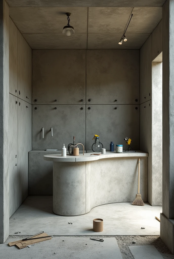 The space is a partially built room, with unfinished concrete walls and an exposed ceiling. There is a long 'L' shaped counter, also of concrete, which appears to be a bar or work area. There are tools on the counter., a bottle and other building materials. The floor is white tiles, but it is still in the process of installation, with some areas that seem unfinished. There is a broom leaning against the counter and some cans of paint or similar products near the work area.