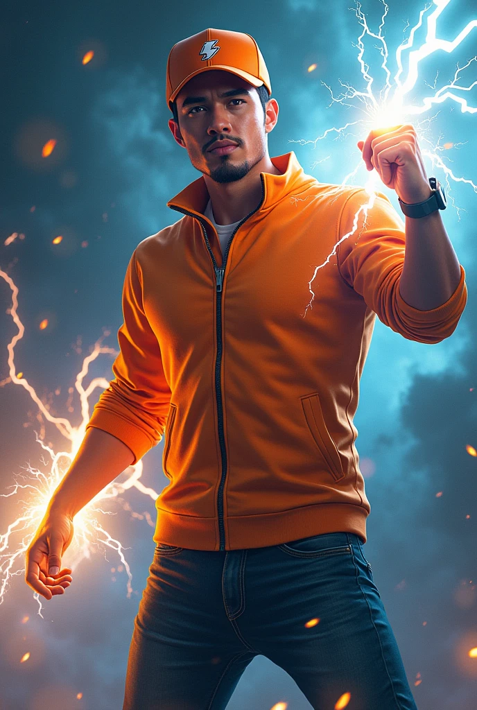 a true Indonesian Malay . wearing an orange zippered shirt,black hair mixed with small details of white hair. kor . orange cap with small thunder logo, face detailed, cinematic lighting, dramatic atmosphere, swirly vibrant colors, 8k, alta qualkor, photorrealistic. hero costume. Thunder comes from his hand. Bright thunder.jeans. very strong. Futuristic design dress