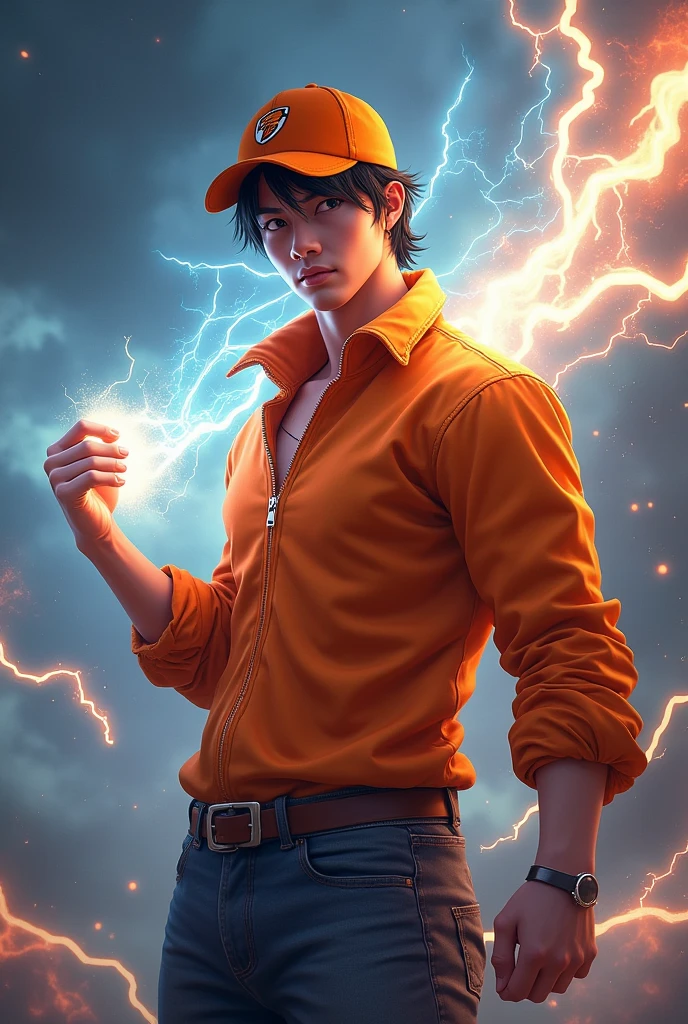 a true Indonesian Malay . wearing an orange zippered shirt,black hair mixed with small details of white hair. kor . orange cap with small thunder logo, face detailed, cinematic lighting, dramatic atmosphere, swirly vibrant colors, 8k, alta qualkor, photorrealistic. hero costume. Thunder comes from his hand. Bright thunder.jeans. very strong. Futuristic design dress