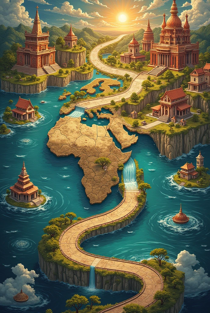 The board is a stylized global map, divided into 5 main regions, each representing the great religious traditions: Judaism, christianism, Hinduism, budism, Islam. 
The format contains tracks that intertwine, symbolizing the interconnection of religious traditions. 
The background of the board is an artistic representation of the spirit world., with colors and patterns that evoke a sense of diversity and cultural richness. May include landscape images, temples, religious symbols and natural elements.
On the board, each region has its own set of houses and distinct features themed around religious traditions..
The main board track follows a winding path through the 5 regions. There may be branches and shortcuts to represent different routes and player choices..

