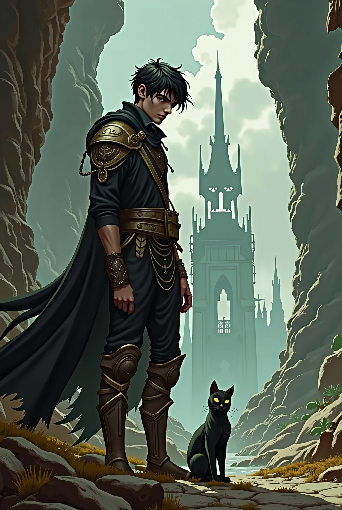 Make an rpg image of a man named Lucius Tigris, he is 20 years old, he has a cat, the image is anoid
