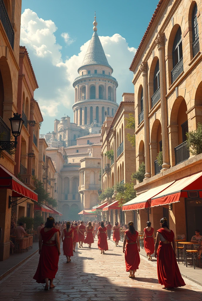 "Imagine a cultural fusion between modern Spain and ancient Sparta. Describes a scene where the influences of both worlds intertwine: The architecture and art of Spain combine with Spartan military discipline and style. What would a city look like where flamenco and the Spartan warrior spirit coexist?? What traditions or customs could arise from this mixture?? Includes details about clothing, the food, and the daily activities of the inhabitants."

