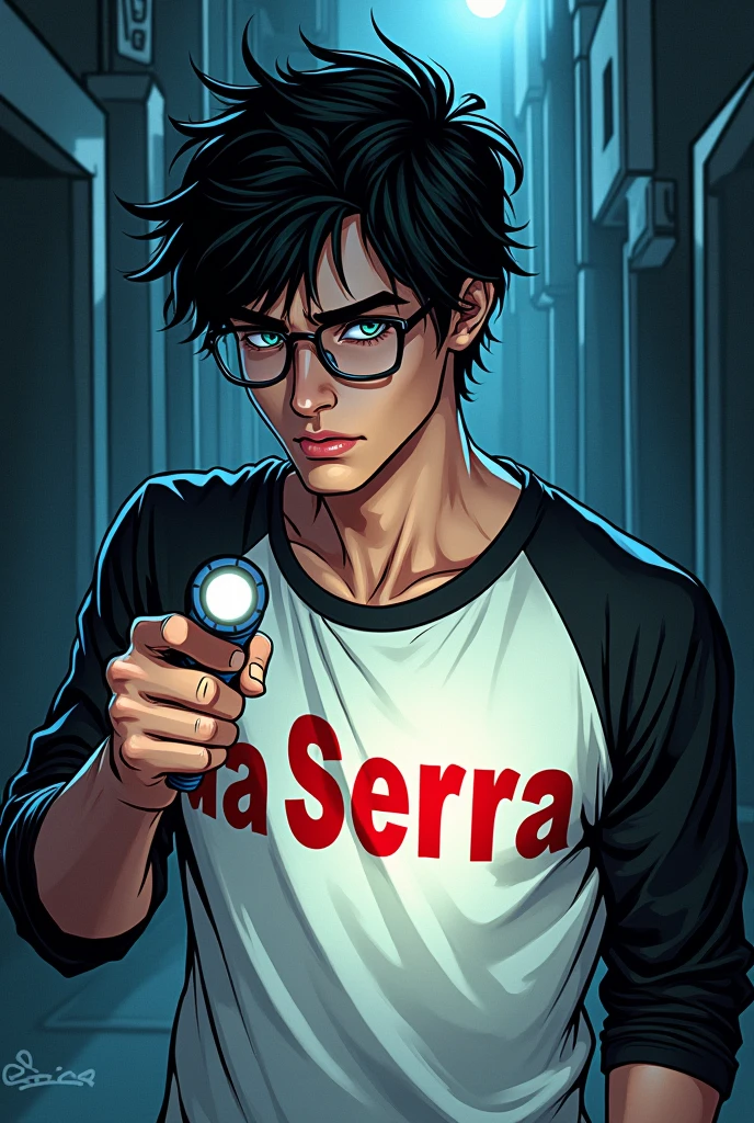 Comic book style image, Man 20 years old, medium length messy black hair with blue eyes wearing glasses with mysterious expression, defined body with a white shirt with black sleeves with Alto Da Serra written in red, holding a flashlight in his hand, de corpo inteiro, kind of dark academia style