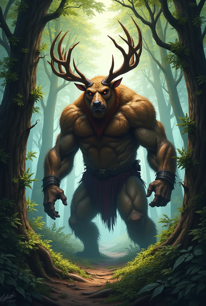 illustration, ogre creature from the woods, hairy, elk face, elk horns