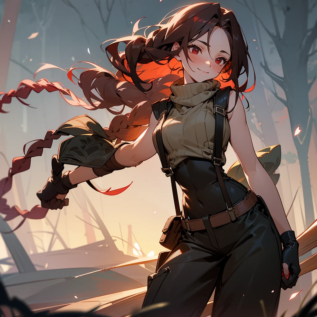 1female, sexy, adult, finely detailed red eyes, wild long hair, braided hair, dark brown color hair, adventurer gear, suspenders, sleeveless crop top sweater, baggy combat pants, night time, dark forest, light smile, flowers, blushing, standing on path, lanturns, black armband, mma gloves