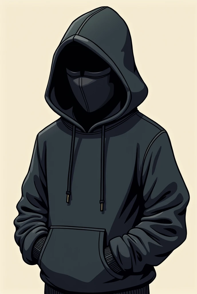 cartoon style man in a black sweatshirt with a mask on his face and a hood on his head