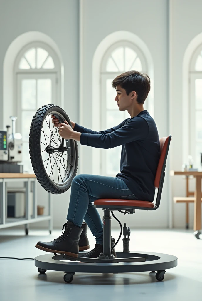 Make a picture of the assembly used in the experiment on the conservation of angular motion which consists of a rotating chair, A person sitting on this chair while holding a bicycle wheel by means of some handles that the wheel has