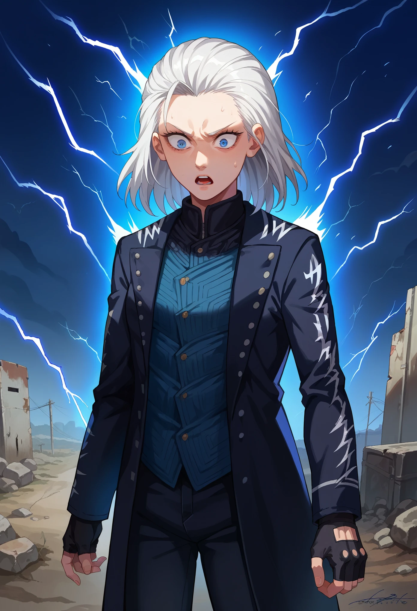 score_9, score_8_up, score_7_up, source_anime, 1girl, solo, dmc5vergil, small breasts, white hair, (medium hair:1.5),  blue eyes, black coat, fingerless gloves, pants, standing, surprised face, looking at down, blue aura, lightning, wasteland, gray landscape, desolated, gray plain,