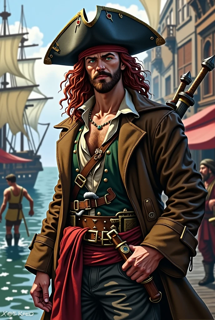 Create an image of a full human race pirate for D&D. A young pirate of 20 years old with long curly hair and garnet red color, with a short beard and a garnet red moustache and dark green eyes. He wears a black leather battered hat, He wears a long, worn and old brown pirate-style trench coat, with a light shirt and a ruined vest underneath. In life he wears a red sash with a belt and two bastard swords on his back., in the background a pirate port.