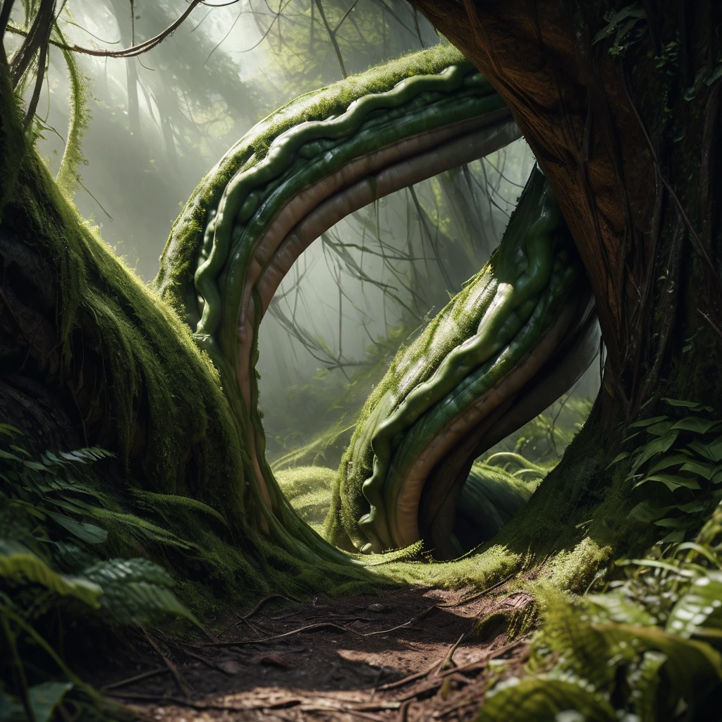 Green forest, tentacles, realistic, hyper realistic, 4k, 8k, semi thick green tendrils rising from ground on sides of image, no creatures
