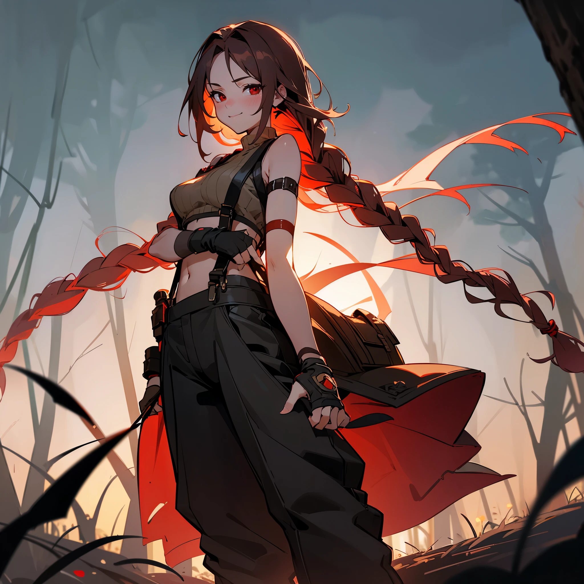 1female, sexy,  adult, finely detailed red eyes, wild long hair, braided hair, dark brown color hair, adventurer gear, suspenders, sleeveless crop top sweater, baggy combat pants, night time, dark forest, light smile, flowers, blushing, standing on path, lanturns, black armband, mma gloves