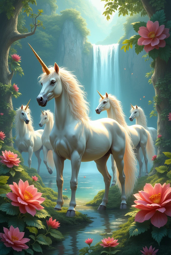 image of several fancy unicorns in paradise like in cartoons more realistic and quite flowers 