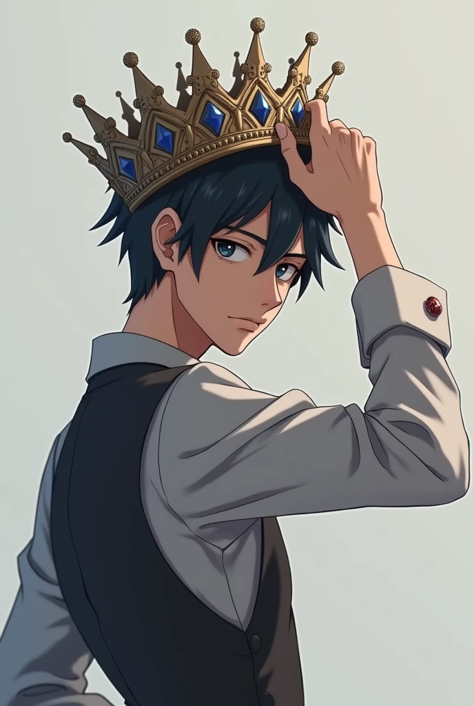 Anime guy looking back on gray background and taking off crown in black